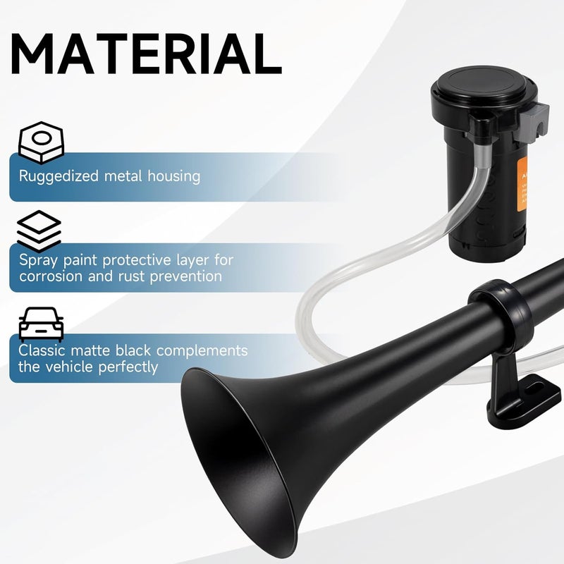 banhao Train Horn for Truck 150db 12V, Super Loud black Single Trumpet Truck Air Horn with Compressor, suitable for Any 12V Vehicles Train Car Ship Boat Lorry (Black 1 tube horn with wire) - Image 4